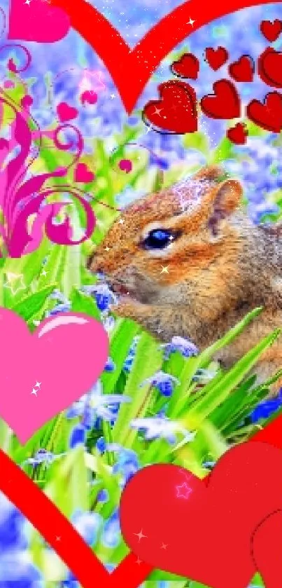 Chipmunk in floral field with colorful heart designs.