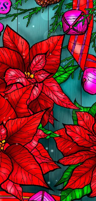 Vibrant wallpaper with red poinsettias and festive ornaments.