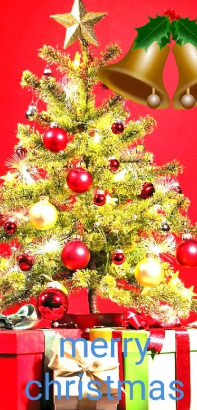 Colorful Christmas tree with gifts and bells on a red background.