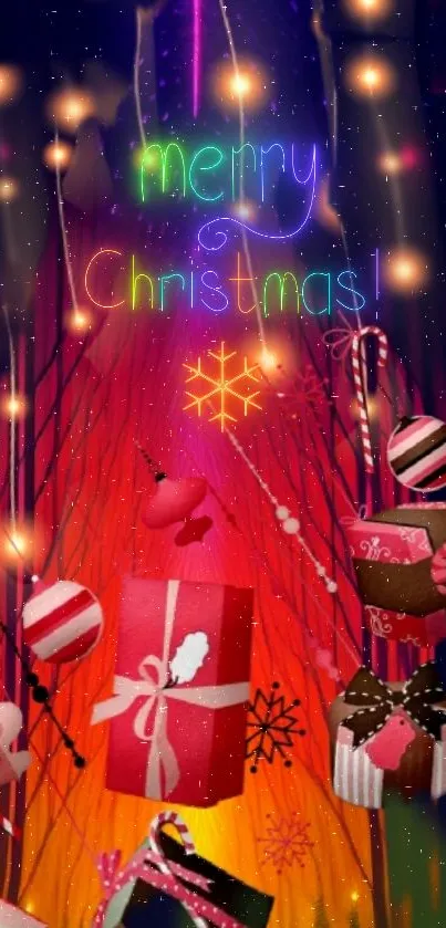 Vibrant Christmas wallpaper with gifts and lights.