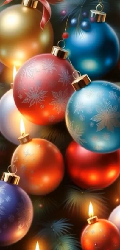 Colorful Christmas ornaments with candles