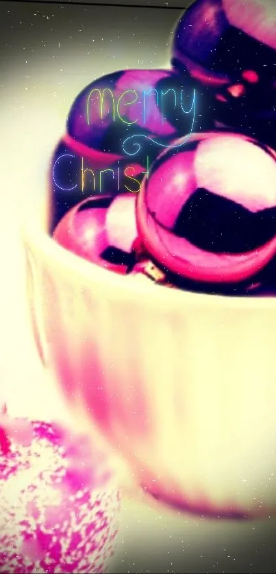 Vibrant Christmas ornament with festive mug and holiday text.