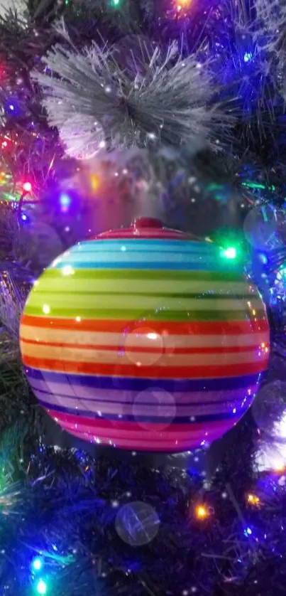 Colorful ornament on a Christmas tree with bright lights.