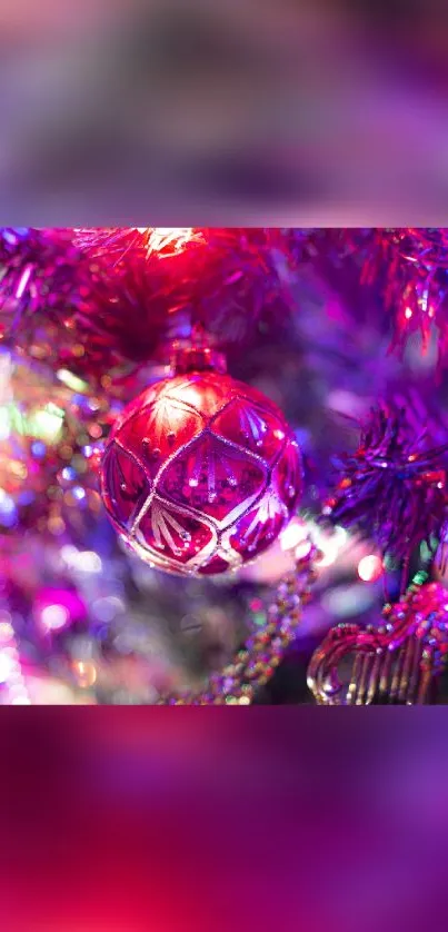 Vibrant wallpaper with red ornament and purple tinsel for festive decoration.