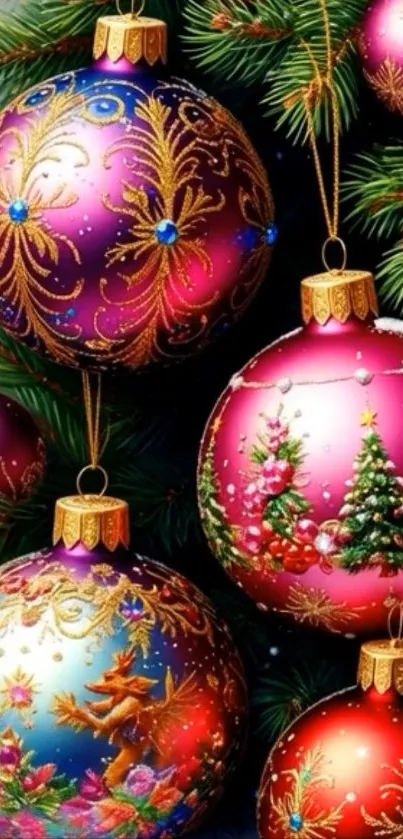 Colorful Christmas ornaments on a tree.