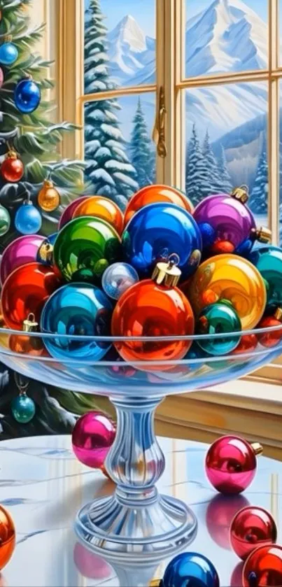 Festive glass bowl with colorful Christmas ornaments by a snowy window.