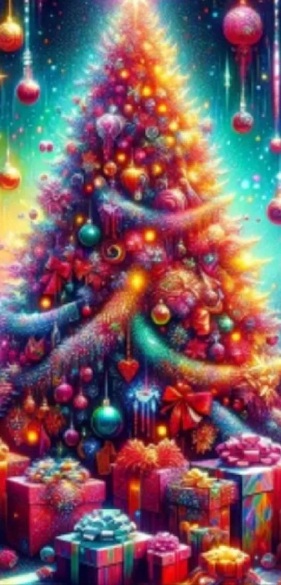 Colorful Christmas tree with gifts and decorations in vibrant hues.