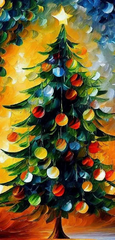 Vibrant Christmas tree with ornaments on glowing background.