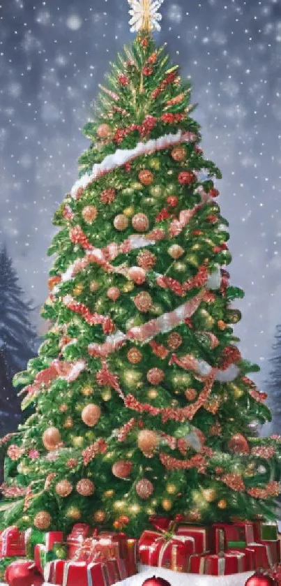 Beautifully decorated Christmas tree with gifts and snow.