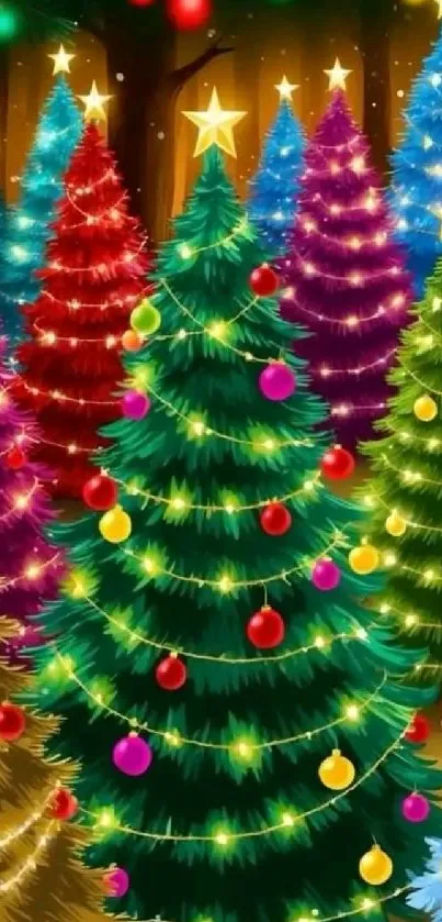 Colorful Christmas trees with lights and ornaments.