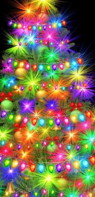 Colorful Christmas tree with bright lights on a dark background.