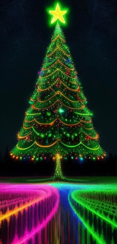 Vibrant Christmas tree with colorful lights and star on a dark background.