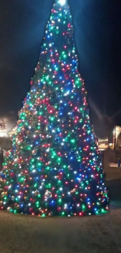 Colorful LED Christmas tree lights at night.