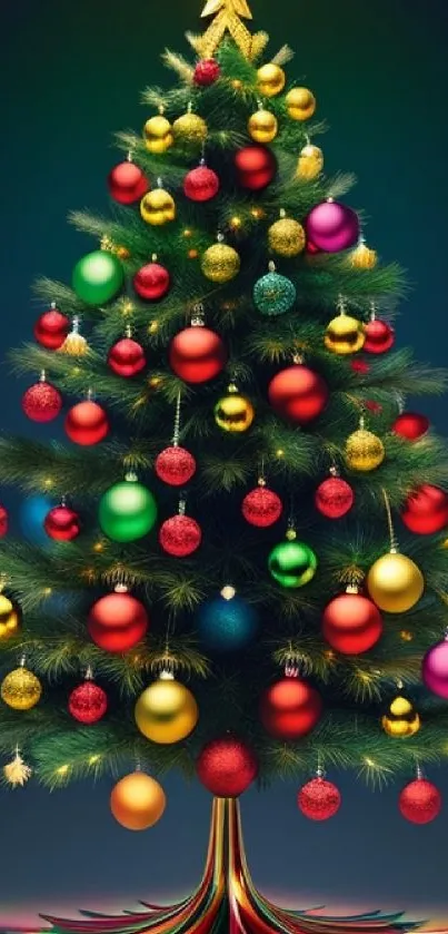 Festive Christmas tree with colorful ornaments and dark green background.