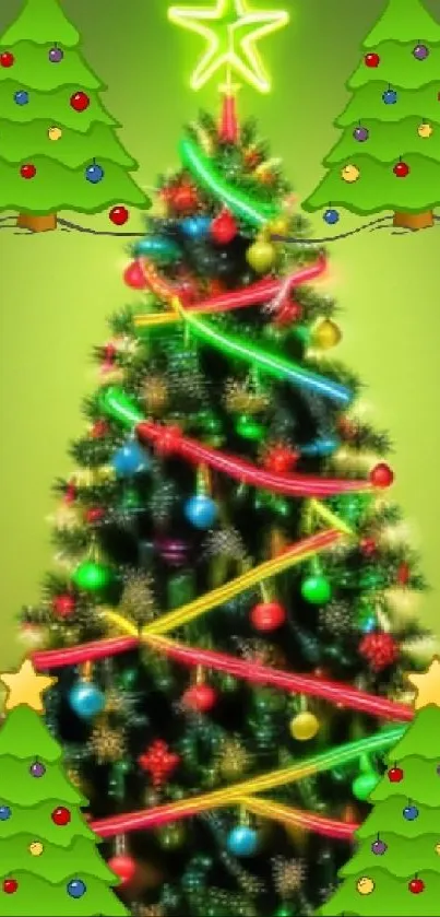 Vibrant Christmas tree with colorful lights and glowing star on green background.