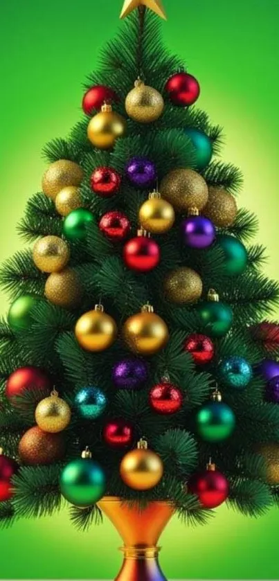 Colorful Christmas tree with ornaments on green background.