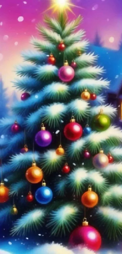 Christmas tree with colorful ornaments in a snow-covered landscape.