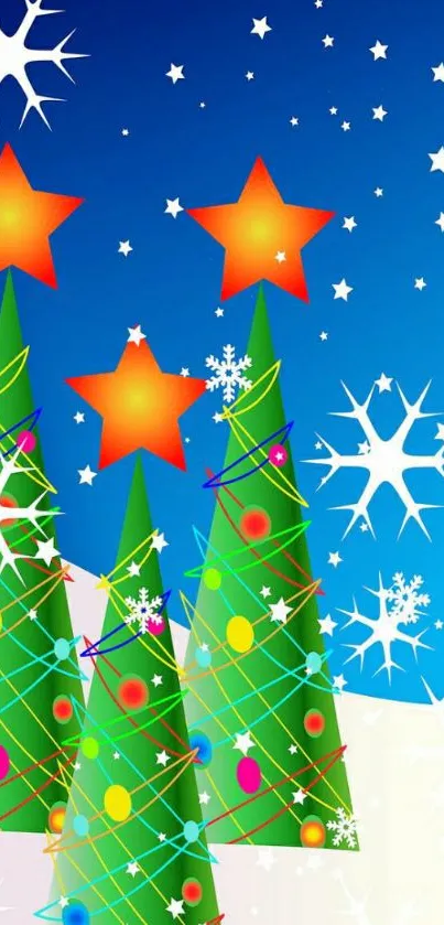 Festive Christmas tree wallpaper with stars and decorations.