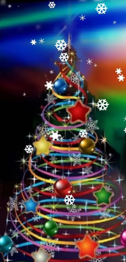 Festive Christmas tree with colorful ornaments and snowflakes.