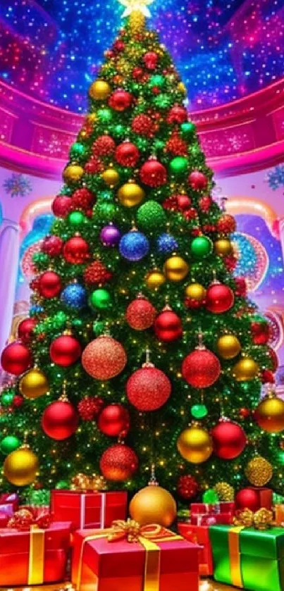 Vibrant Christmas tree with colorful lights and ornaments in festive setting.