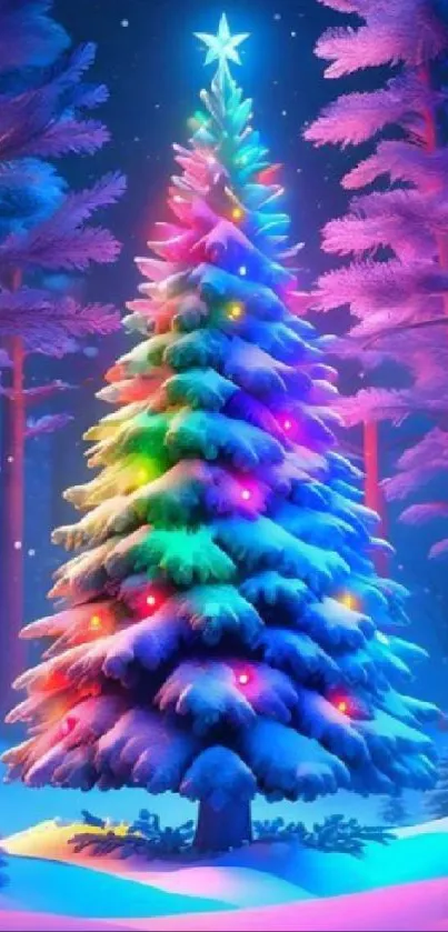 Vibrant Christmas tree with colorful lights.