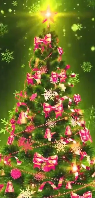 Decorated Christmas tree on a green background.