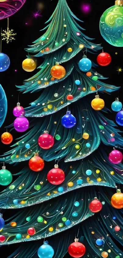 Christmas tree with vibrant ornaments and colorful decorations.