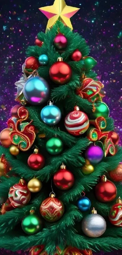 A vibrant Christmas tree with colorful ornaments on a starry background.