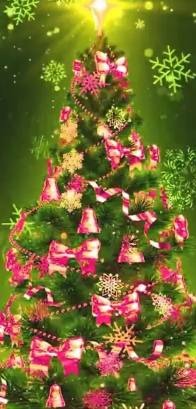 Vibrant Christmas tree with pink decorations.