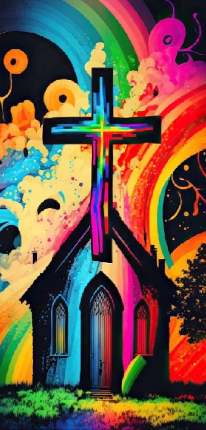 Colorful church and cross with vibrant rainbow swirls.