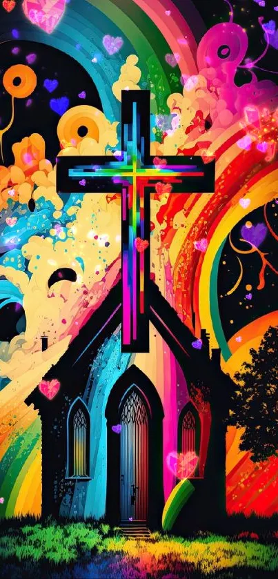 Colorful church with rainbow and cross design.