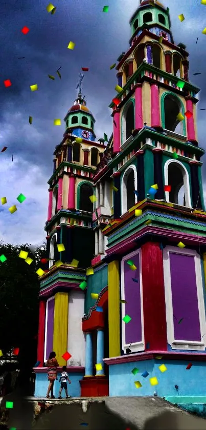 Colorful church with festive confetti against a dramatic sky.