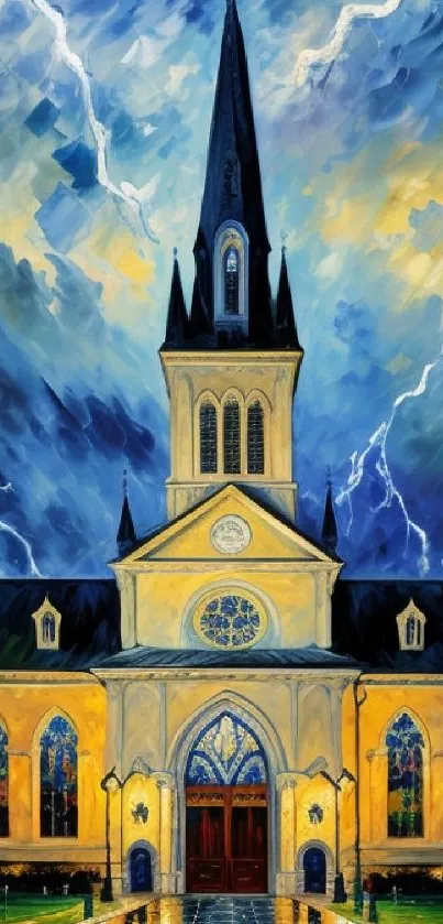 Dynamic church under a vivid stormy sky with lightning in artistic design.