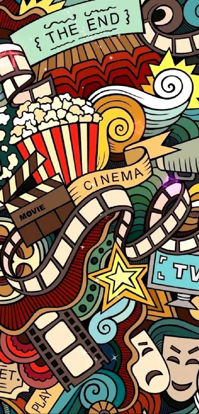 Colorful cinema art wallpaper with doodles and film elements.