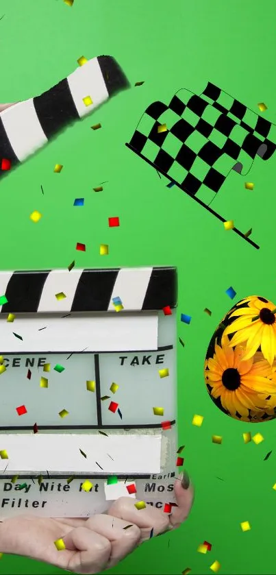 Cinematic-themed wallpaper with green, flowers, and confetti.