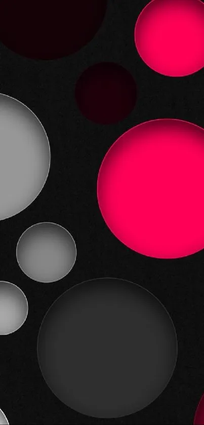 Neon pink and grayscale circles on a black background mobile wallpaper.