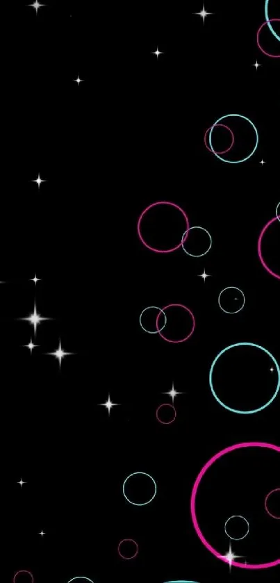 Mobile wallpaper with pink and cyan circles on a black background.