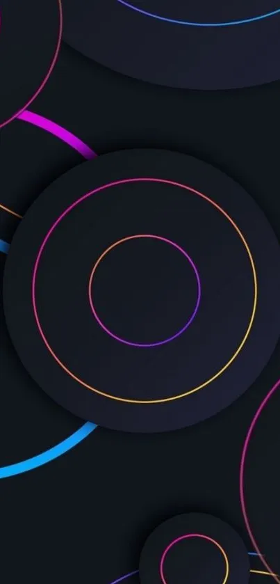 Vibrant dark wallpaper with colorful concentric circles on a sleek background.