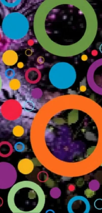 Colorful circles on black background wallpaper design.