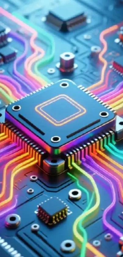 Colorful neon circuit board with vibrant pathways