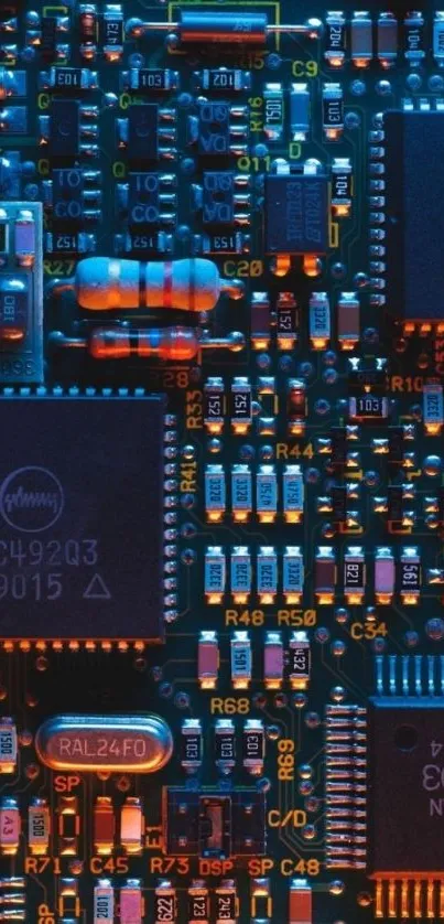 Vibrant circuit board design wallpaper with blue and orange hues.