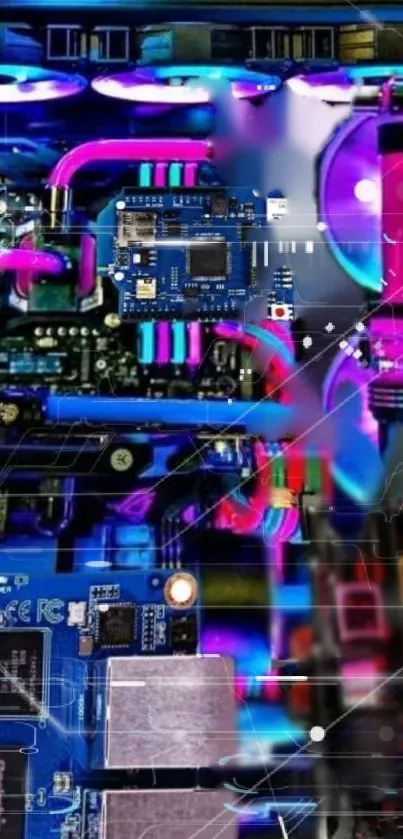 Colorful circuit board wallpaper in vibrant pink, blue, and purple hues.