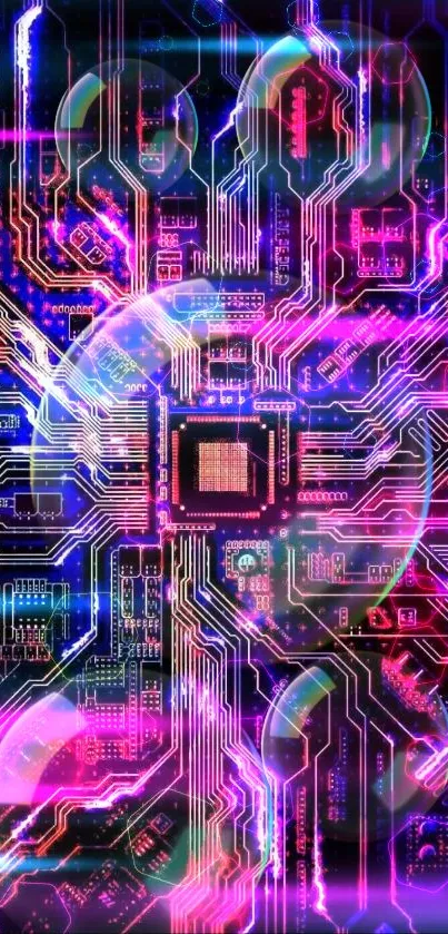 Neon circuit board design with vibrant colors for mobile wallpaper.