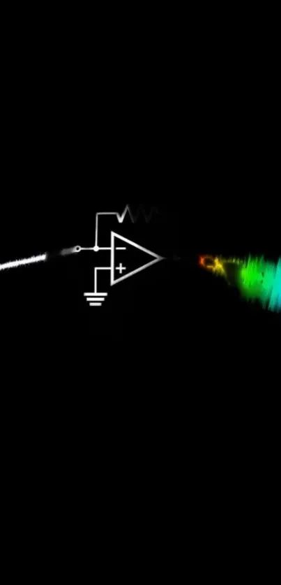 Schematic circuit emitting a vibrant rainbow on a black mobile wallpaper background.