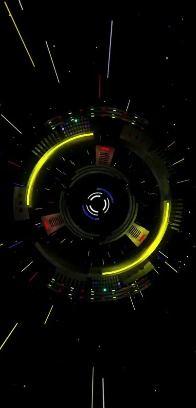 Vibrant circular digital art with a futuristic theme on a dark background.