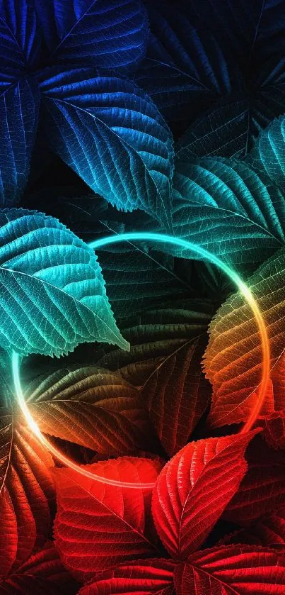 Vibrant wallpaper with colorful leaves and circular glow.