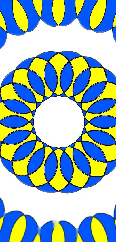 Vibrant circular pattern with blue and yellow intertwined shapes on a white background.