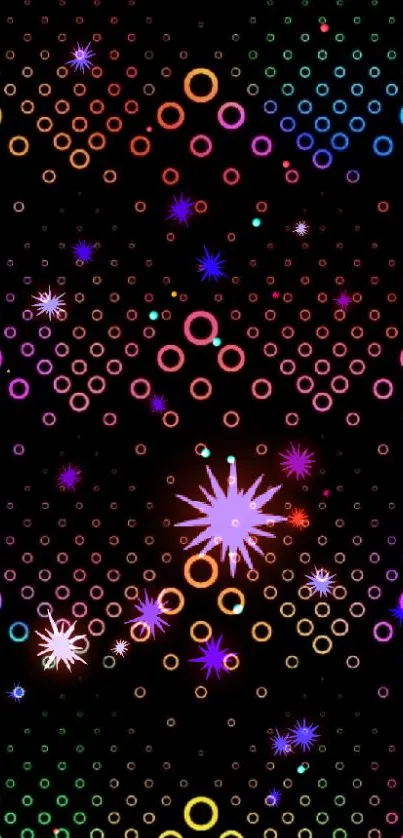 Vibrant neon circles on black wallpaper.