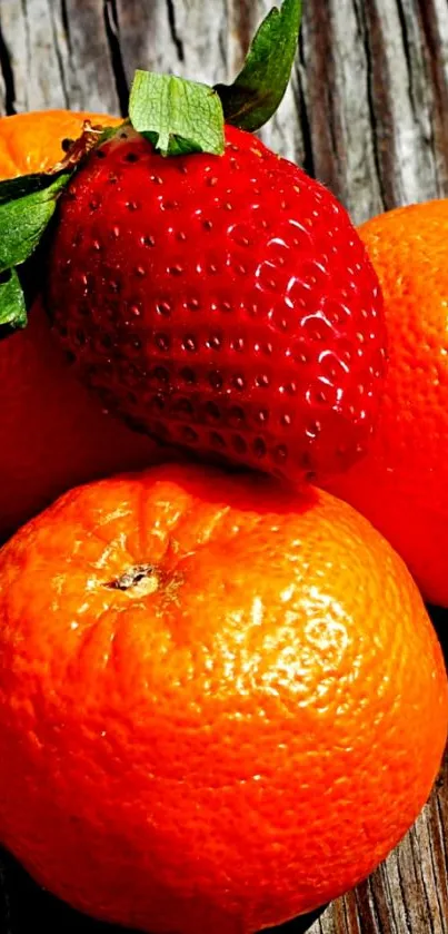 Fresh oranges and a strawberry on rustic wood.