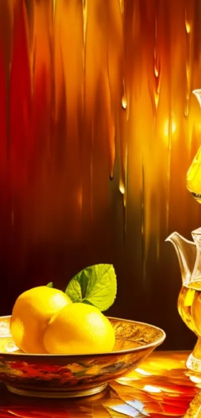 Artistic display of citrus and glass against a golden backdrop.